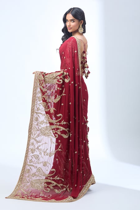 Shop Torani Red Silk, Cotton Zari, Sequins, Beads Asymmetric Paisley Embroidered Saree Set at Aza Fashions Shop_Torani_Red Silk, Cotton Zari, Sequins, Beads Asymmetric Paisley Embroidered Saree Set _at_Aza_Fashions