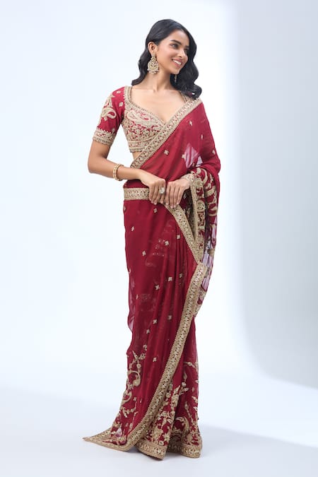 Buy Torani Red Silk, Cotton Zari, Sequins, Beads Asymmetric Paisley Embroidered Saree Set Online at Aza Fashions Buy_Torani_Red Silk, Cotton Zari, Sequins, Beads Asymmetric Paisley Embroidered Saree Set _Online_at_Aza_Fashions