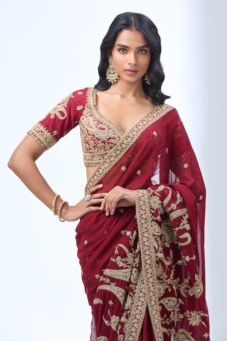 Shop Torani Red Silk, Cotton Zari, Sequins, Beads Asymmetric Paisley Embroidered Saree Set Online at Aza Fashions Shop_Torani_Red Silk, Cotton Zari, Sequins, Beads Asymmetric Paisley Embroidered Saree Set _Online_at_Aza_Fashions
