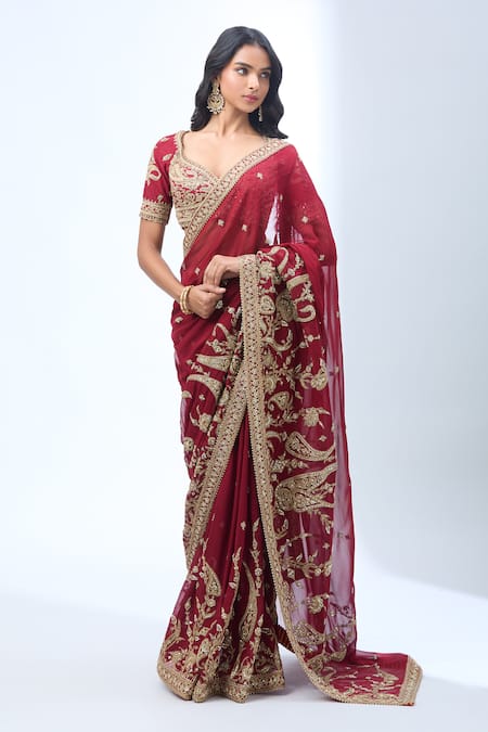 Torani Red Silk, Cotton Zari, Sequins, Beads Asymmetric Paisley Embroidered Saree Set at Aza Fashions Torani_Red Silk, Cotton Zari, Sequins, Beads Asymmetric Paisley Embroidered Saree Set _at_Aza_Fashions