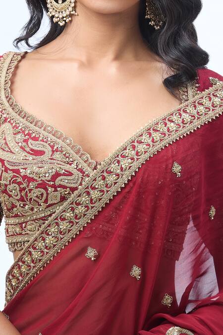 Buy Torani Red Silk, Cotton Zari, Sequins, Beads Asymmetric Paisley Embroidered Saree Set Buy_Torani_Red Silk, Cotton Zari, Sequins, Beads Asymmetric Paisley Embroidered Saree Set