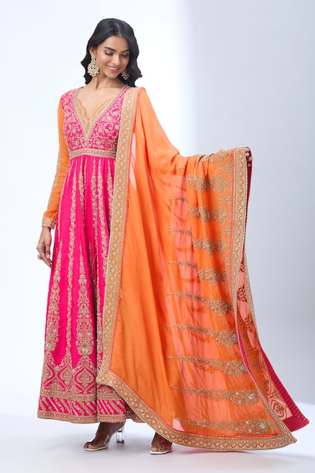 Shop Torani Pink Sequins, Beads, Zari Scoop Neck Thread Embroidered Anarkali Set Online at Aza Fashions Shop_Torani_Pink Sequins, Beads, Zari Scoop Neck Thread Embroidered Anarkali Set _Online_at_Aza_Fashions