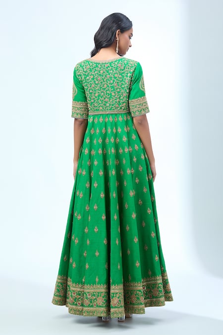 Shop Torani Green Cotton Embroidery, Sequins, Zari Asymmetric Floral Vine Anarkali Set at Aza Fashions Shop_Torani_Green Cotton Embroidery, Sequins, Zari Asymmetric Floral Vine Anarkali Set _at_Aza_Fashions