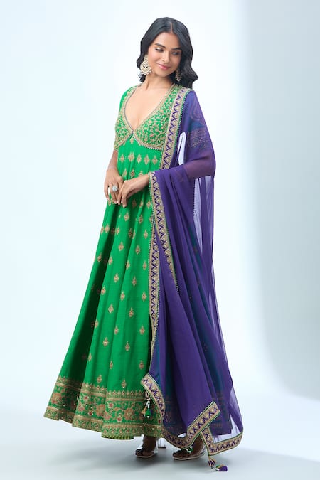 Buy Torani Green Cotton Embroidery, Sequins, Zari Asymmetric Floral Vine Anarkali Set Online at Aza Fashions Buy_Torani_Green Cotton Embroidery, Sequins, Zari Asymmetric Floral Vine Anarkali Set _Online_at_Aza_Fashions