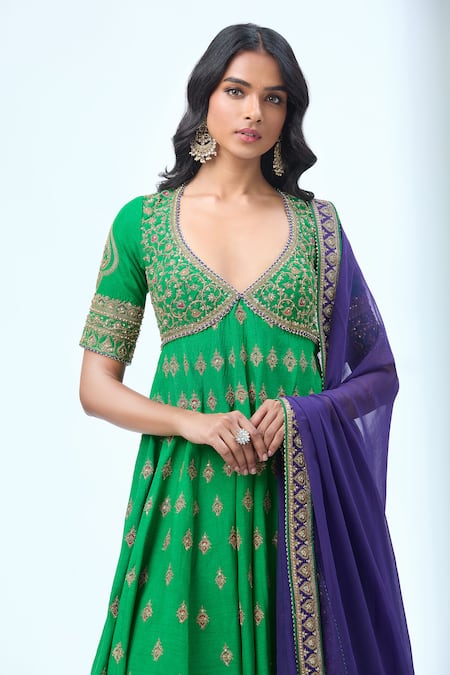 Shop Torani Green Cotton Embroidery, Sequins, Zari Asymmetric Floral Vine Anarkali Set Online at Aza Fashions Shop_Torani_Green Cotton Embroidery, Sequins, Zari Asymmetric Floral Vine Anarkali Set _Online_at_Aza_Fashions