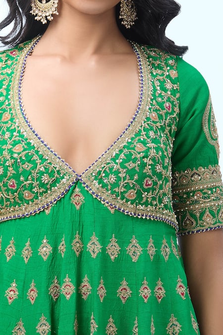 Torani Green Cotton Embroidery, Sequins, Zari Asymmetric Floral Vine Anarkali Set at Aza Fashions Torani_Green Cotton Embroidery, Sequins, Zari Asymmetric Floral Vine Anarkali Set _at_Aza_Fashions