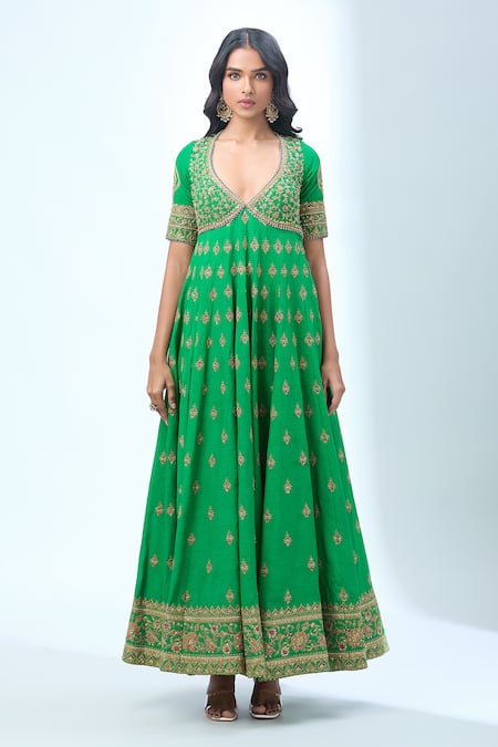 Buy Torani Green Cotton Embroidery, Sequins, Zari Asymmetric Floral Vine Anarkali Set Buy_Torani_Green Cotton Embroidery, Sequins, Zari Asymmetric Floral Vine Anarkali Set