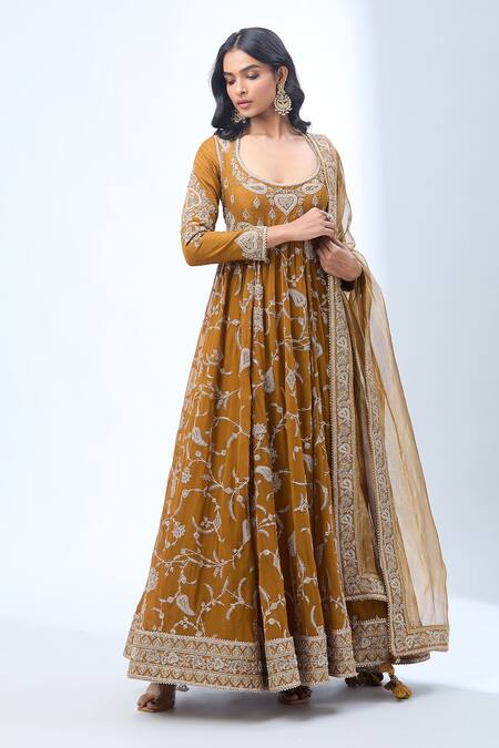 Torani_Brown Cotton Sequins, Zari Scoop Neck Thread Embroidered Anarkali Set _Online_at_Aza_Fashions
