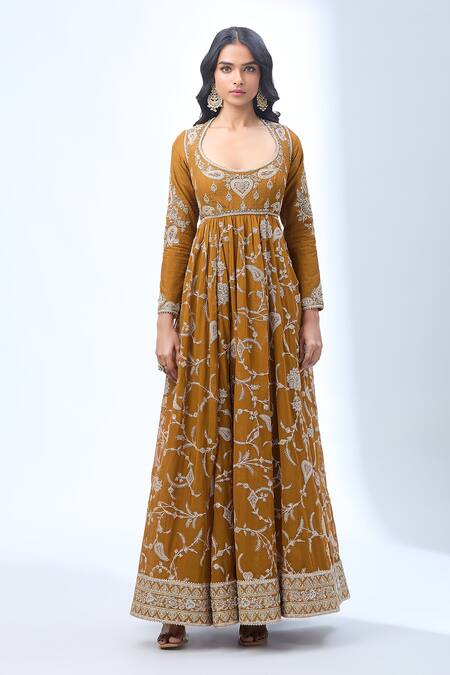 Buy_Torani_Brown Cotton Sequins, Zari Scoop Neck Thread Embroidered Anarkali Set _Online_at_Aza_Fashions