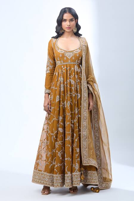 Shop_Torani_Brown Cotton Sequins, Zari Scoop Neck Thread Embroidered Anarkali Set _Online_at_Aza_Fashions