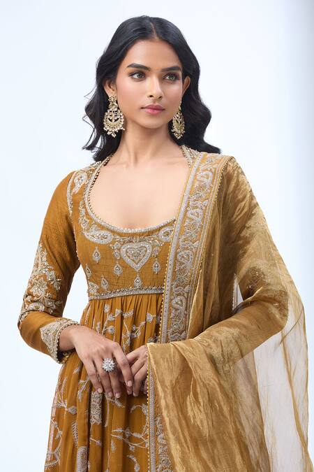 Torani_Brown Cotton Sequins, Zari Scoop Neck Thread Embroidered Anarkali Set _at_Aza_Fashions