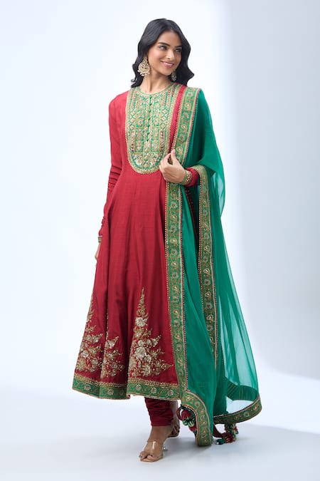 Torani Red Chiffon Zari, Sequins Round Neck Zardozi Embroidered Anarkali Set Online at Aza Fashions Torani_Red Chiffon Zari, Sequins Round Neck Zardozi Embroidered Anarkali Set _Online_at_Aza_Fashions