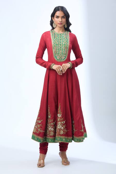 Shop Torani Red Chiffon Zari, Sequins Round Neck Zardozi Embroidered Anarkali Set Online at Aza Fashions Shop_Torani_Red Chiffon Zari, Sequins Round Neck Zardozi Embroidered Anarkali Set _Online_at_Aza_Fashions
