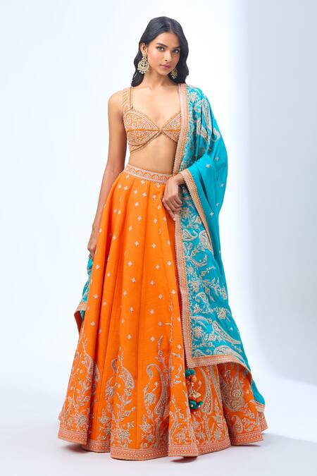 Torani Orange Sequins, Beads, Zari Sweetheart Neck Paisley Embroidered Lehenga Set Online at Aza Fashions Torani_Orange Sequins, Beads, Zari Sweetheart Neck Paisley Embroidered Lehenga Set _Online_at_Aza_Fashions