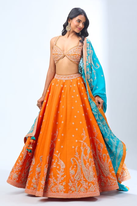 Buy Torani Orange Sequins, Beads, Zari Sweetheart Neck Paisley Embroidered Lehenga Set Online at Aza Fashions Buy_Torani_Orange Sequins, Beads, Zari Sweetheart Neck Paisley Embroidered Lehenga Set _Online_at_Aza_Fashions