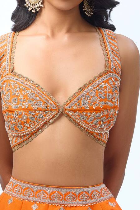 Shop Torani Orange Sequins, Beads, Zari Sweetheart Neck Paisley Embroidered Lehenga Set Online at Aza Fashions Shop_Torani_Orange Sequins, Beads, Zari Sweetheart Neck Paisley Embroidered Lehenga Set _Online_at_Aza_Fashions