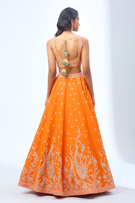 Shop Torani Orange Sequins, Beads, Zari Sweetheart Neck Paisley Embroidered Lehenga Set at Aza Fashions Shop_Torani_Orange Sequins, Beads, Zari Sweetheart Neck Paisley Embroidered Lehenga Set _at_Aza_Fashions
