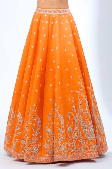 Torani Orange Sequins, Beads, Zari Sweetheart Neck Paisley Embroidered Lehenga Set at Aza Fashions Torani_Orange Sequins, Beads, Zari Sweetheart Neck Paisley Embroidered Lehenga Set _at_Aza_Fashions