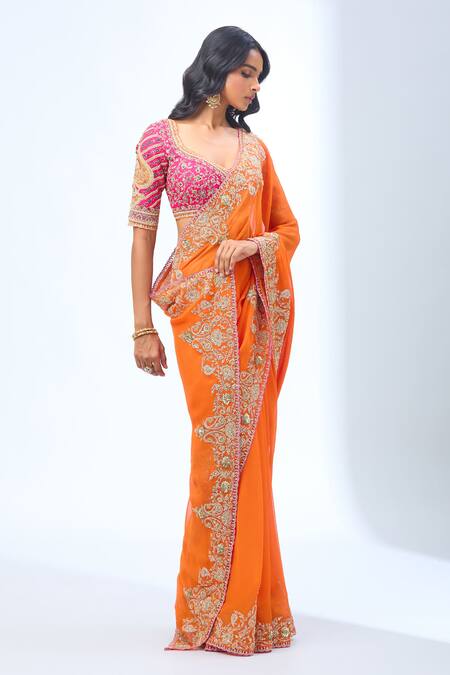 Buy Torani Orange Zari, Sequins, Beads Asymmetric Paisley Embroidered Saree Set Online at Aza Fashions Buy_Torani_Orange Zari, Sequins, Beads Asymmetric Paisley Embroidered Saree Set _Online_at_Aza_Fashions