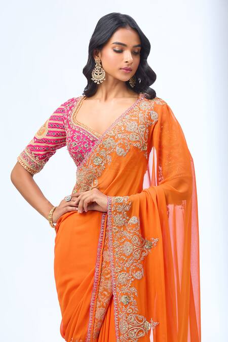 Shop Torani Orange Zari, Sequins, Beads Asymmetric Paisley Embroidered Saree Set Online at Aza Fashions Shop_Torani_Orange Zari, Sequins, Beads Asymmetric Paisley Embroidered Saree Set _Online_at_Aza_Fashions