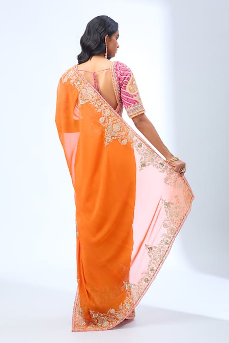 Shop Torani Orange Zari, Sequins, Beads Asymmetric Paisley Embroidered Saree Set at Aza Fashions Shop_Torani_Orange Zari, Sequins, Beads Asymmetric Paisley Embroidered Saree Set _at_Aza_Fashions