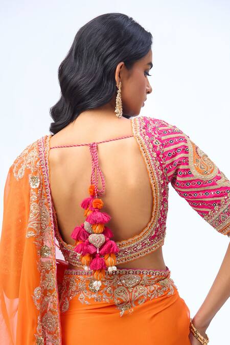 Torani Orange Zari, Sequins, Beads Asymmetric Paisley Embroidered Saree Set at Aza Fashions Torani_Orange Zari, Sequins, Beads Asymmetric Paisley Embroidered Saree Set _at_Aza_Fashions