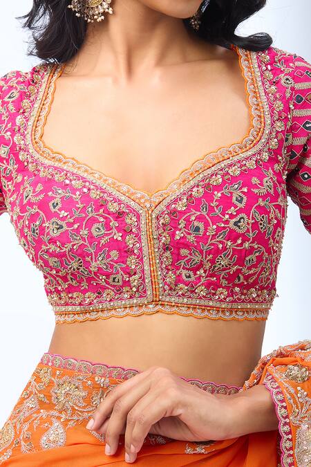 Buy Torani Orange Zari, Sequins, Beads Asymmetric Paisley Embroidered Saree Set Buy_Torani_Orange Zari, Sequins, Beads Asymmetric Paisley Embroidered Saree Set