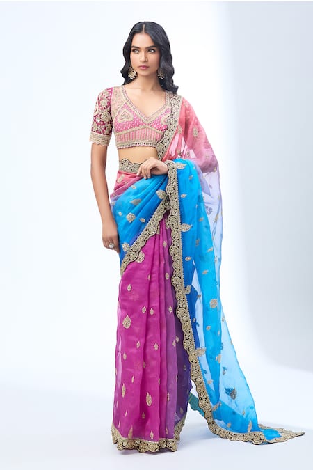 Buy_Torani_Multi Color Silk Sequins, Zari Scoop Neck Multicolor Ombre Embroidered Saree Set_Online_at_Aza_Fashions