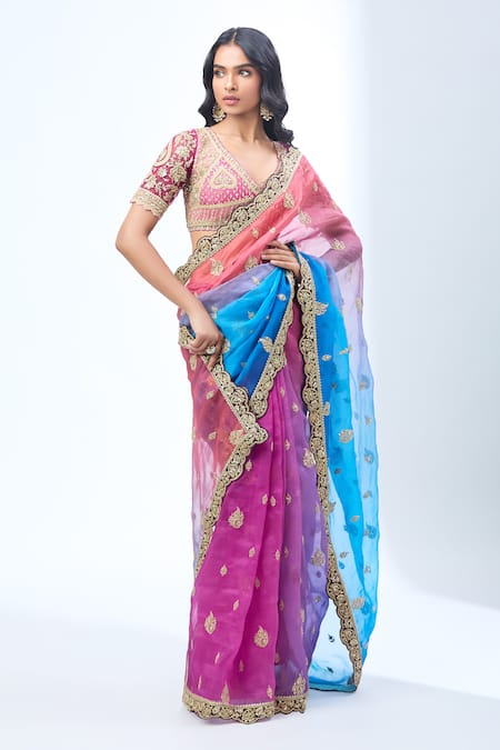 Shop_Torani_Multi Color Silk Sequins, Zari Scoop Neck Multicolor Ombre Embroidered Saree Set_Online_at_Aza_Fashions