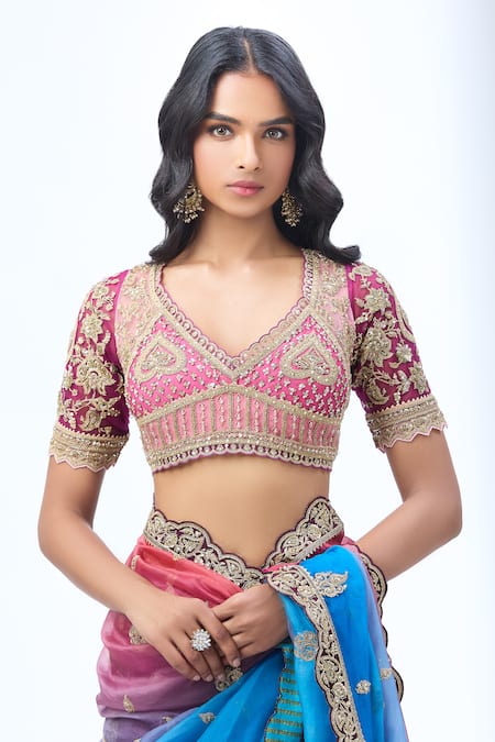 Buy_Torani_Multi Color Silk Sequins, Zari Scoop Neck Multicolor Ombre Embroidered Saree Set