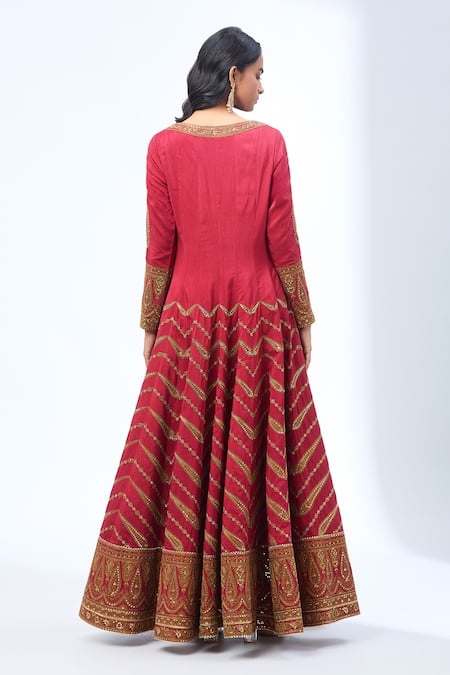 Shop_Torani_Red Sequins, Zari Asymmetric Thread Embroidered Anarkali Set _at_Aza_Fashions