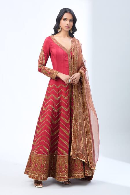 Buy_Torani_Red Sequins, Zari Asymmetric Thread Embroidered Anarkali Set _Online_at_Aza_Fashions