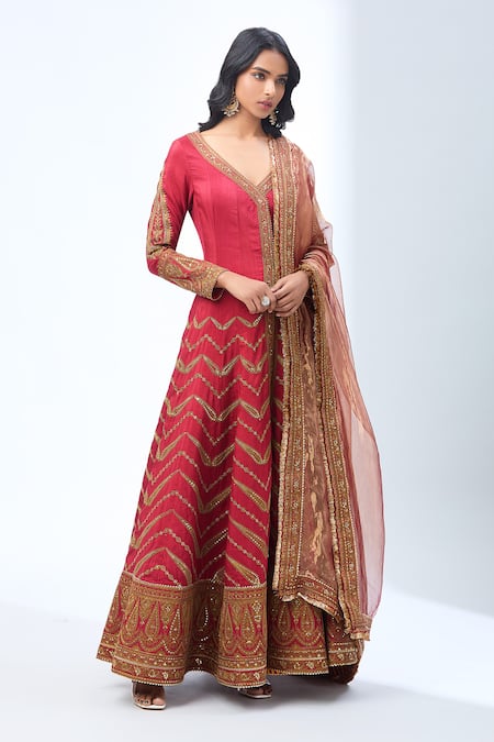 Shop_Torani_Red Sequins, Zari Asymmetric Thread Embroidered Anarkali Set _Online_at_Aza_Fashions