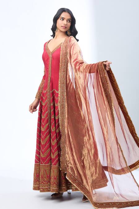 Torani_Red Sequins, Zari Asymmetric Thread Embroidered Anarkali Set _at_Aza_Fashions