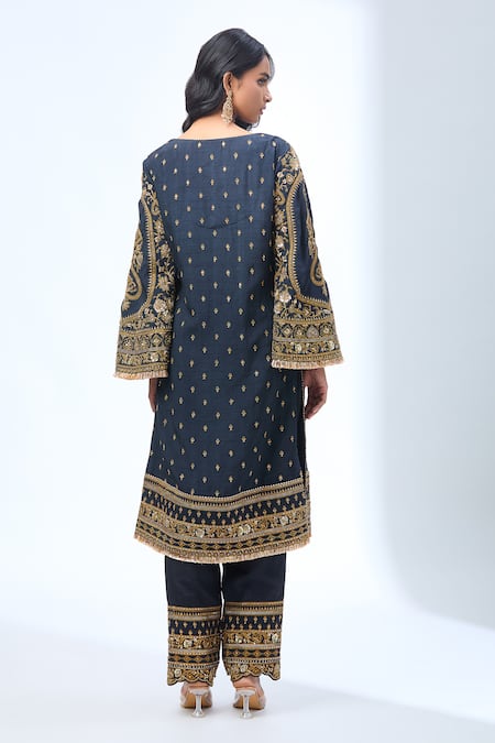 Shop_Torani_Blue Cotton, Chiffon, Georgette Embroidery, Sequins, Navy Zardozi Kurta Set _at_Aza_Fashions
