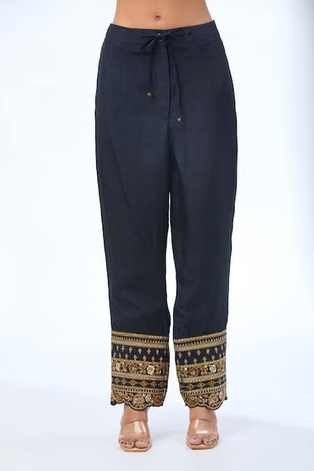 Torani_Blue Cotton, Chiffon, Georgette Embroidery, Sequins, Navy Zardozi Kurta Set _Online_at_Aza_Fashions