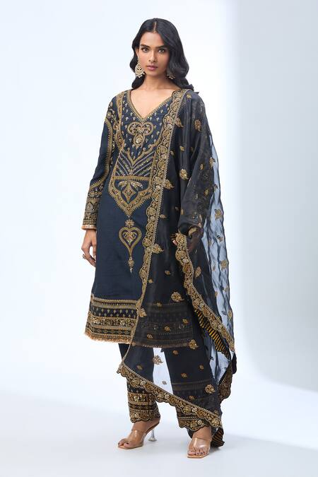 Buy_Torani_Blue Cotton, Chiffon, Georgette Embroidery, Sequins, Navy Zardozi Kurta Set _Online_at_Aza_Fashions