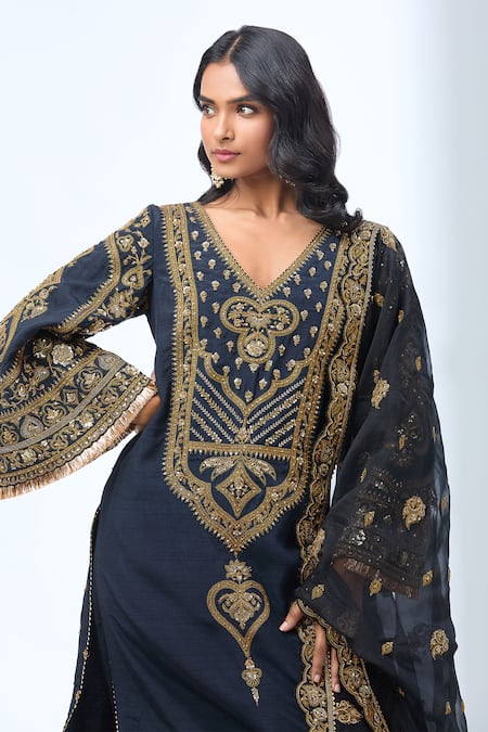 Shop_Torani_Blue Cotton, Chiffon, Georgette Embroidery, Sequins, Navy Zardozi Kurta Set _Online_at_Aza_Fashions