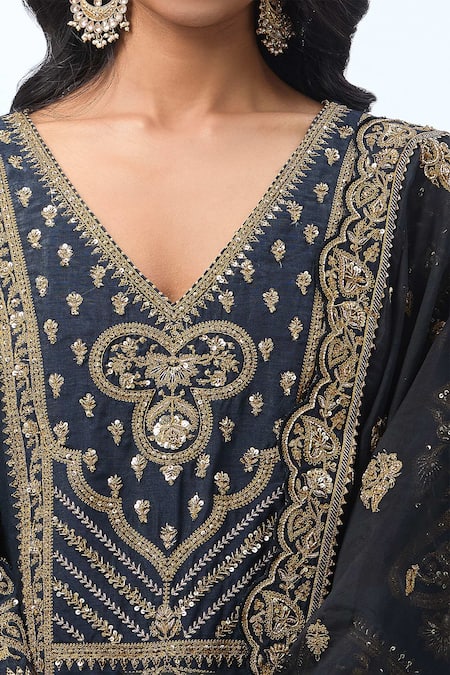 Torani_Blue Cotton, Chiffon, Georgette Embroidery, Sequins, Navy Zardozi Kurta Set _at_Aza_Fashions