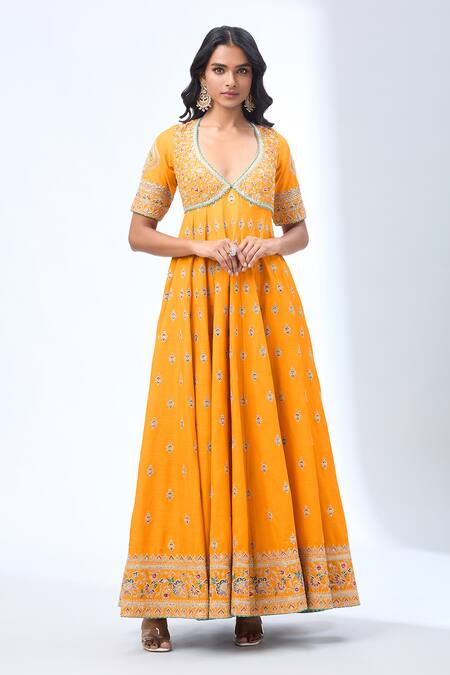 Torani_Yellow Cotton Sequins, Cut Work, Embroidery Floral Anarkali Set _Online_at_Aza_Fashions