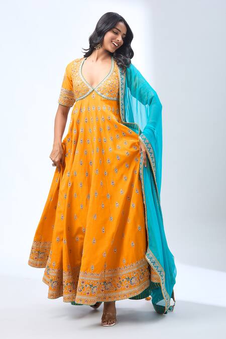 Buy_Torani_Yellow Cotton Sequins, Cut Work, Embroidery Floral Anarkali Set _Online_at_Aza_Fashions
