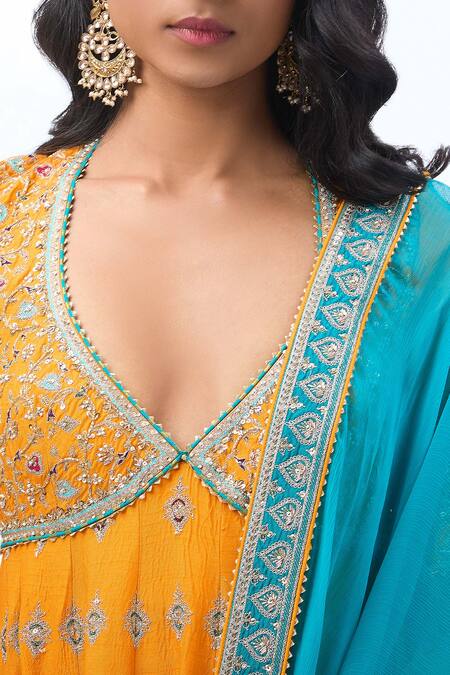 Shop_Torani_Yellow Cotton Sequins, Cut Work, Embroidery Floral Anarkali Set _Online_at_Aza_Fashions