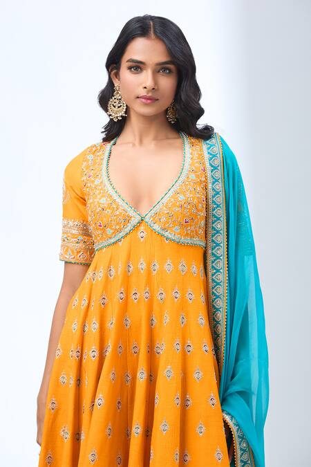 Torani_Yellow Cotton Sequins, Cut Work, Embroidery Floral Anarkali Set _at_Aza_Fashions