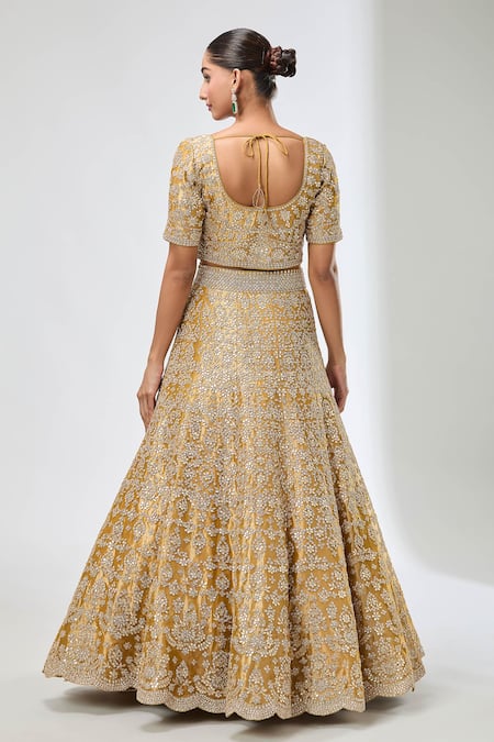 Shop_Azeera_Yellow Silk Gota Patti, Embroidery, Tassels Asymmetric Floral Lehenga Set _at_Aza_Fashions
