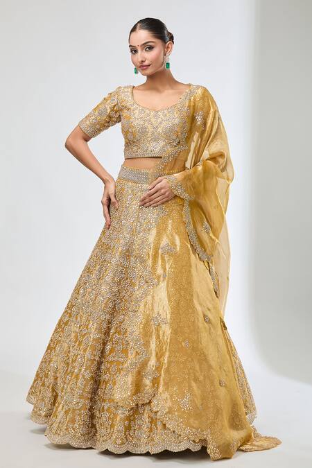 Azeera_Yellow Silk Gota Patti, Embroidery, Tassels Asymmetric Floral Lehenga Set _Online_at_Aza_Fashions