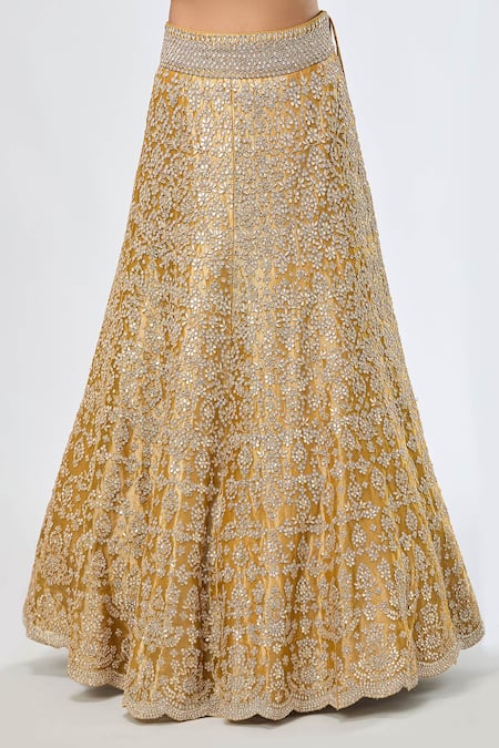 Buy_Azeera_Yellow Silk Gota Patti, Embroidery, Tassels Asymmetric Floral Lehenga Set _Online_at_Aza_Fashions
