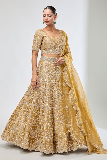 Shop_Azeera_Yellow Silk Gota Patti, Embroidery, Tassels Asymmetric Floral Lehenga Set _Online_at_Aza_Fashions