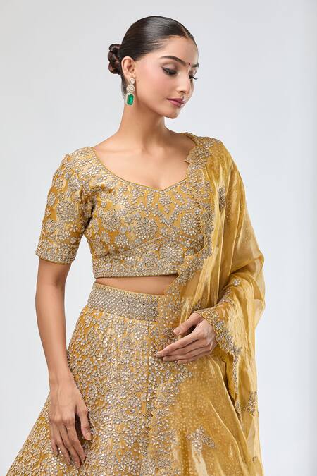 Azeera_Yellow Silk Gota Patti, Embroidery, Tassels Asymmetric Floral Lehenga Set _at_Aza_Fashions