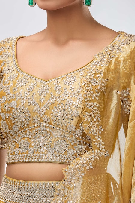 Buy_Azeera_Yellow Silk Gota Patti, Embroidery, Tassels Asymmetric Floral Lehenga Set 
