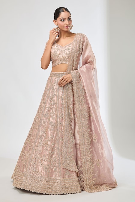 Azeera_Pink Silk Sequins, Beads Floral Embroidered Lehenga Set _Online_at_Aza_Fashions